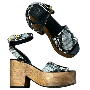 Tory Burch Sandals Brown Black Snake Print Leather Platform Slip On Chunky Heel